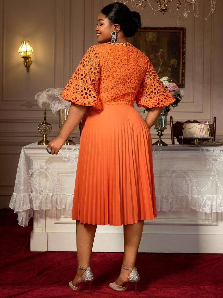 Lace Patchwork Pleated Midi Dresses for Women with V Neck Hollow Out Lantern Sleeves for Weddings Party and Special Occasions