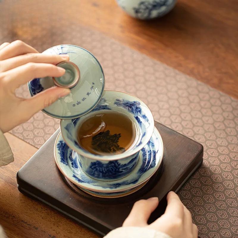 160ml Jingdezhen Blau-Weiß Deckelschale Zen Tausend Meilen Gaiwan Boutique Hufeisen Teekanne Teekocher Teegeschirr Handwerk