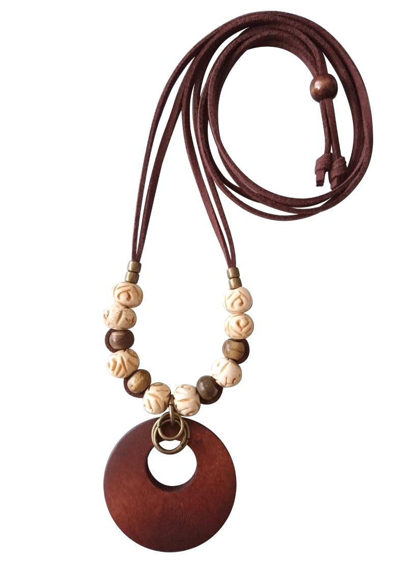 

Кожаное ожерелье с натуральным антикварным вкусом из деревянных и металлических деталей, сделанное в [цветочная буря] (аксессуар, дерево, Япония) (бежево-коричневый)