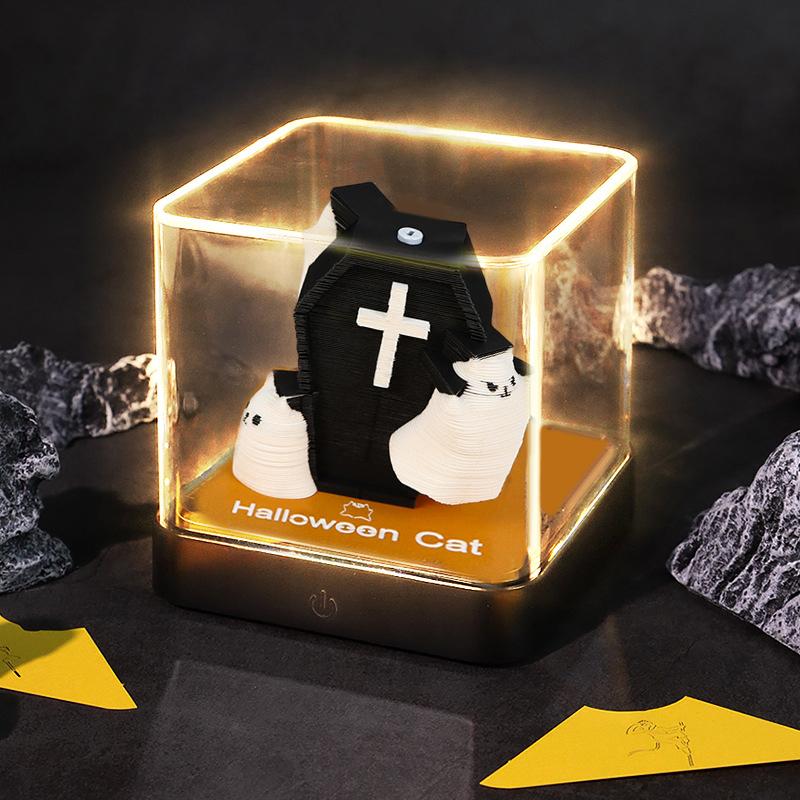 

2026 Desk Calendar With Led Light Halloween Cat Sculpture 3D Tear-Away Calendar Paper Carving Notepad Gift Desktop Decoration 1pc