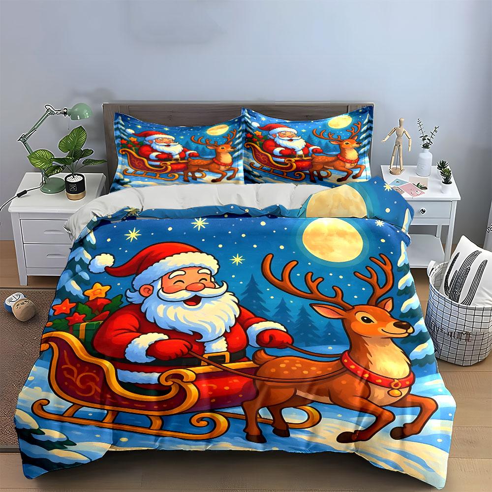 Santa and Reindeer Christmas Scene Bedding Duvet Cover Set Duvet Cover Pillowcases (1*Duvet Cover 2*Pillowcases, Without Duvet Insert)