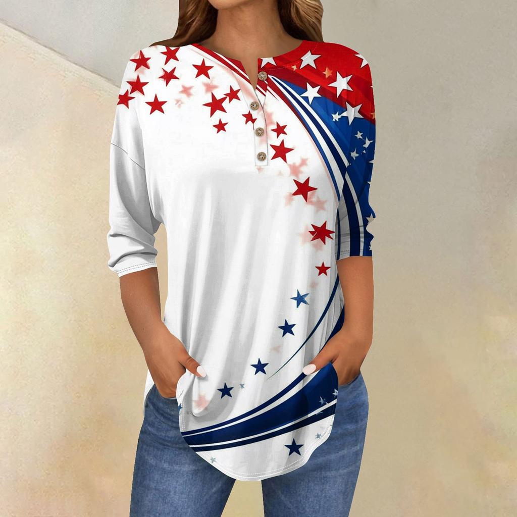 Tee Shirts For Women Fall Casual 3/4 Long Sleeve Button Shirts Sweatshirt Vintage Top Pullover