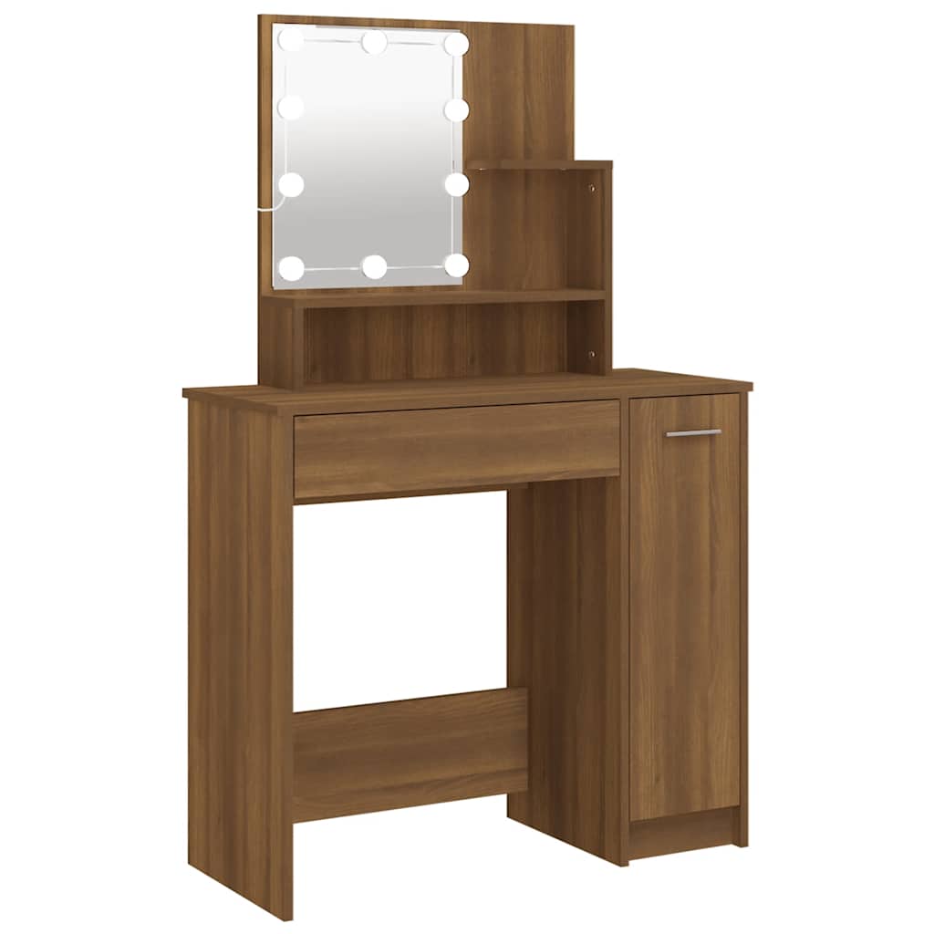 Makeup Table with LED Lights Brown Oak Effect 86.5 X 35 X 136 Cm