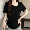 Navava Women Unique AsymmeTric BuTTon PoinT Shirring ShorT Sleeve T shirT nT3405