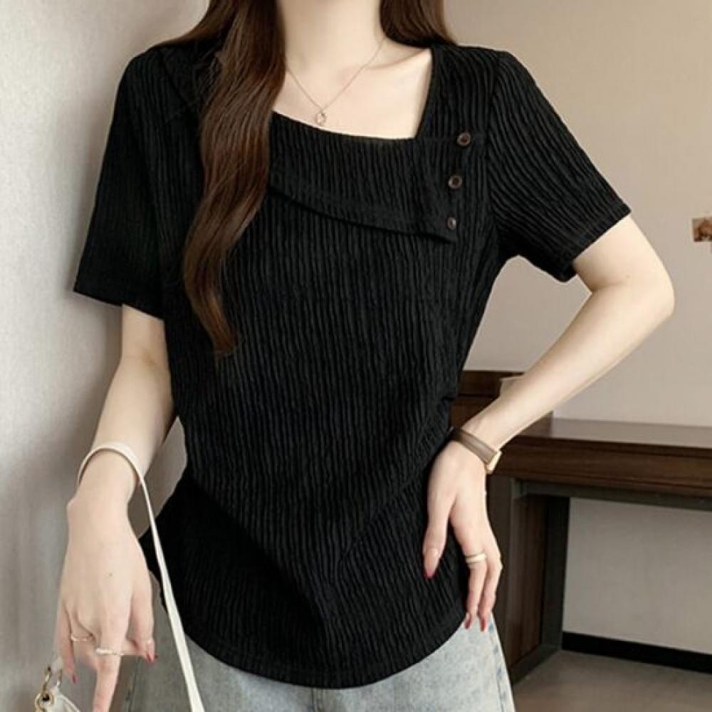 Navava Women Unique AsymmeTric BuTTon PoinT Shirring ShorT Sleeve T shirT nT3405