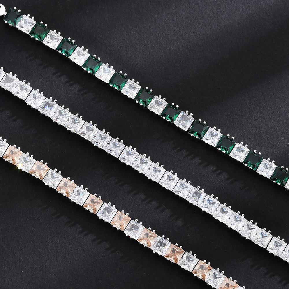 Chuangcan Square Emerald Full Diamond Tennis Bracelet, The Same Hip-Hop Color Zircon Inlaid Bracelet For Men And Women, Trendy Jewelry.