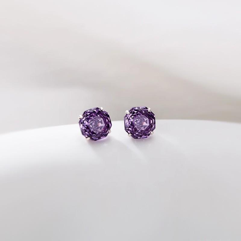 Sterling Purple Amethyst Stud Earrings Women Geometric Ice-Cut Floral Design Elegant Daily Wear