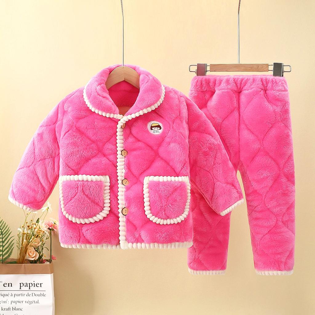 Children's Pajamas Set Thickened Winter Big Children's Flannel Boys and Girls Three-layer Thickened Warm Home Service Children's Clothing