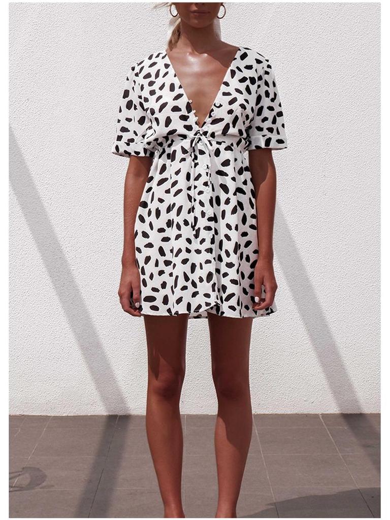 European and American Fashion Print Button Tie Summer Beach Casual Dress 2021 Women's Clothing