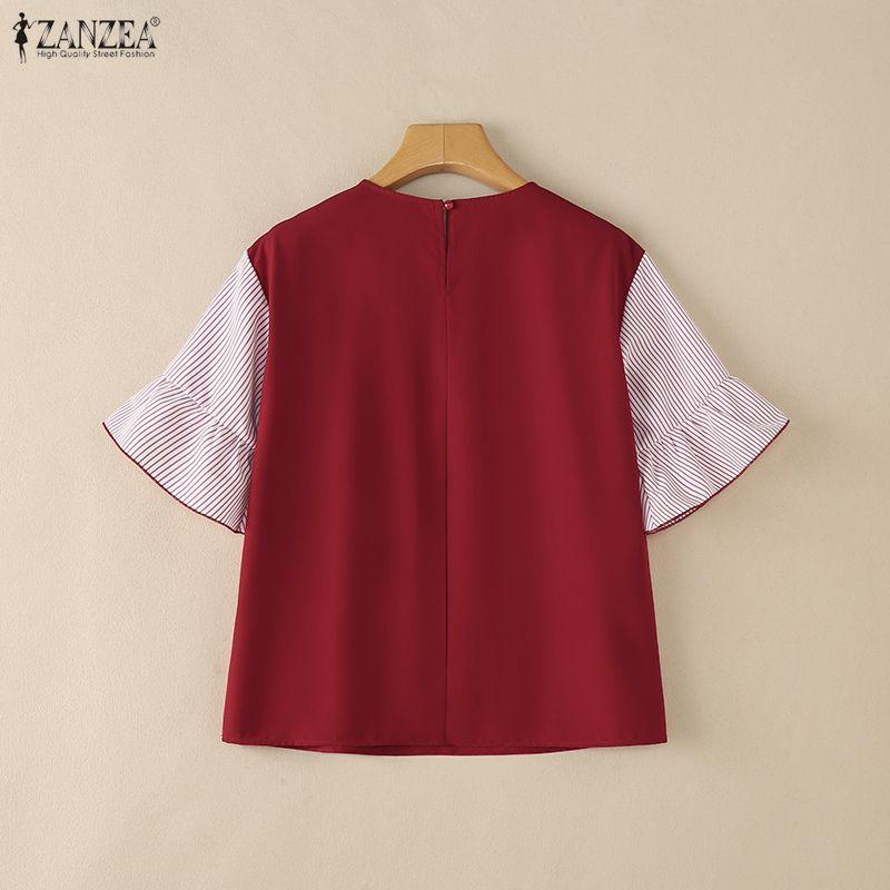 ZANZEA Women Casual Round Neck Stripe Splice Half Sleeve Blouse