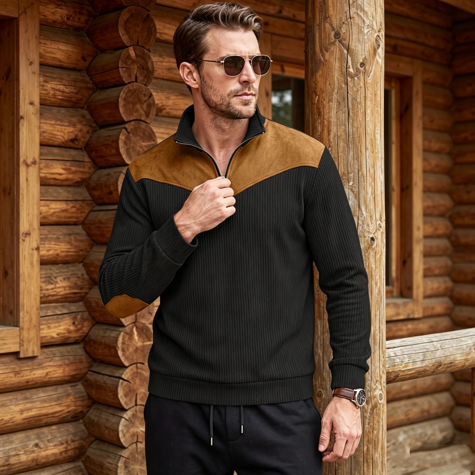 Men s Retro Half Zip Stand Collar Sweatshirt with Patchwork Long Sleeve XL
