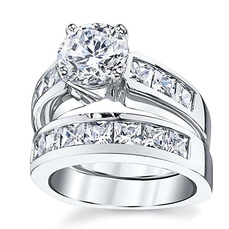 Huitan Round/Princess Cubic Zirconia 2Pcs Set Rings Women Luxury Engagement Wedding Silver Color Accessories New Fashion Jewelry