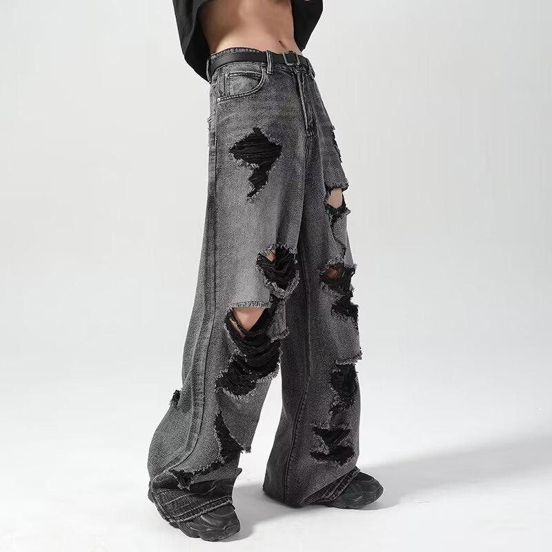 Men's Vintage Washed Black Wide-Leg Ripped Jeans