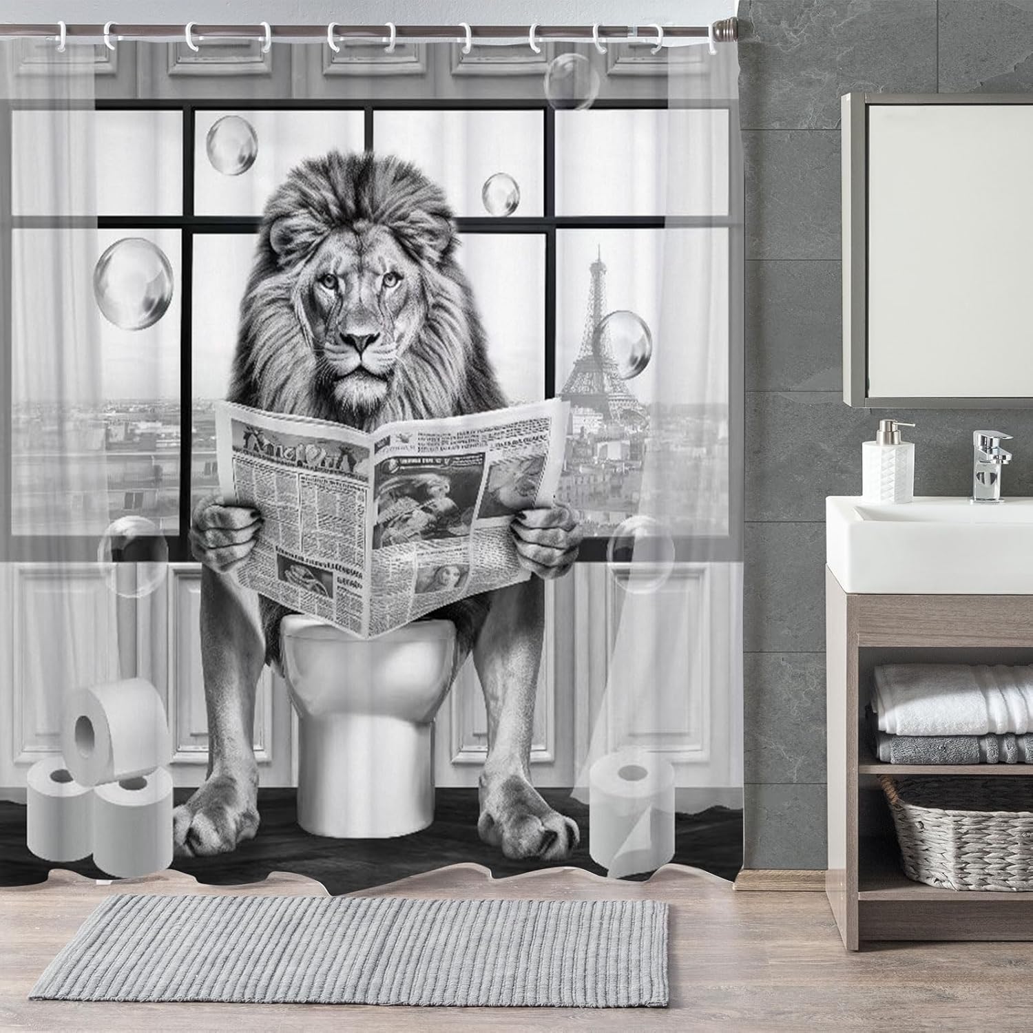 

Funny Lion Shower Curtain, Fancy Humor Leo Animal on Toilet Shower Curtains Set, Black and White Funky Shower Curtains 90x180CM