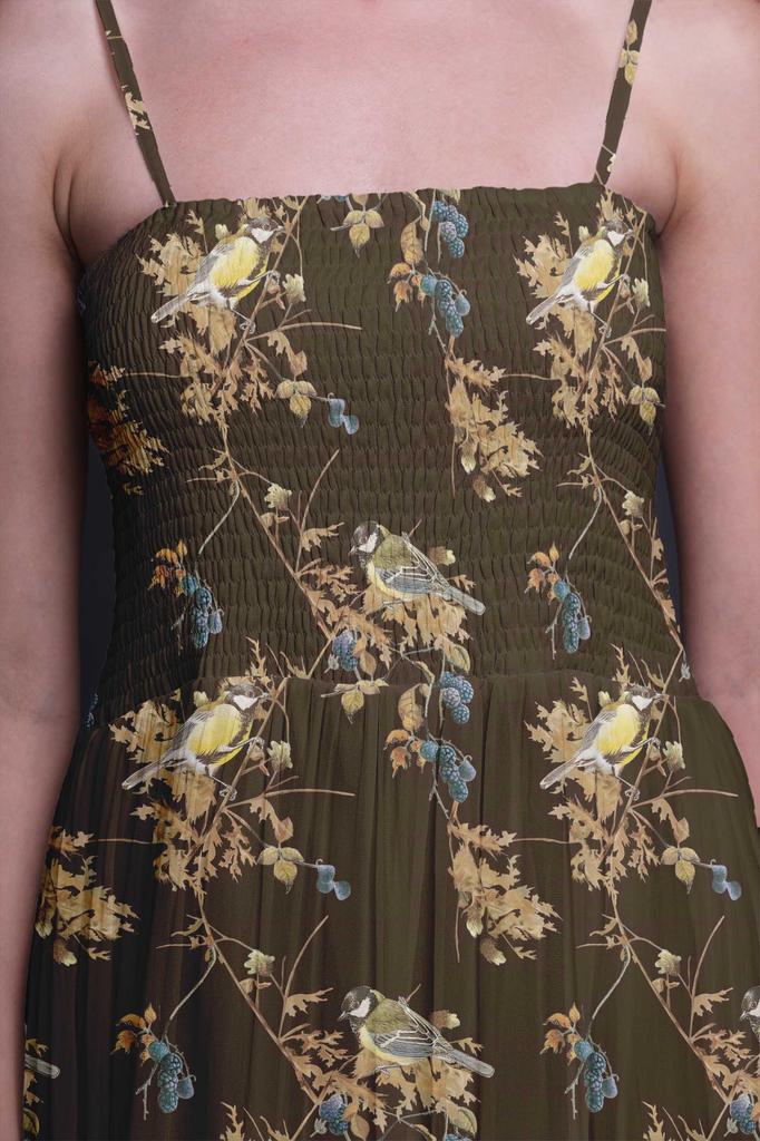 Bimba Black Berry & Yellow Sparrow Bird Print Women Smocked Bodice Beach Sun