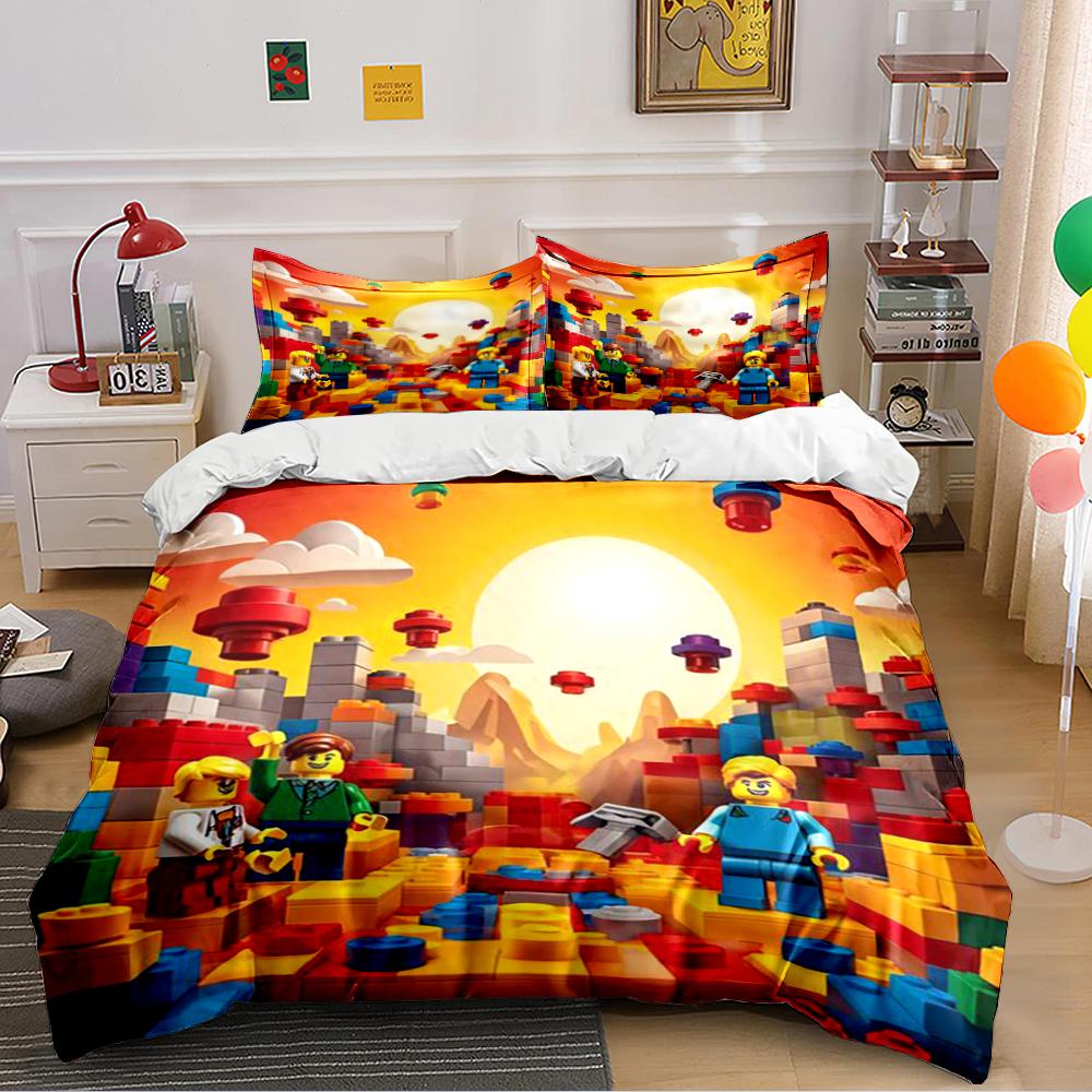 Colorful Brick World with Toy Figures Design Bedding Set (1 Duvet Cover, 2 Pillowcases, Duvet Not Included)