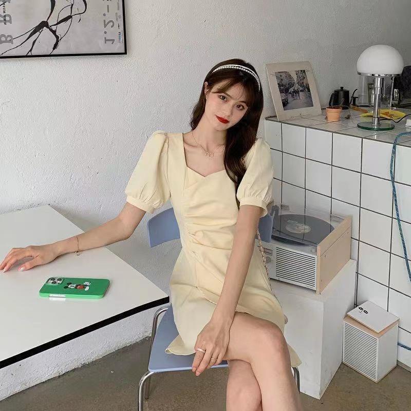 Summer Short Dress Solid Color Square Neck Waist Thin Bubble Sleeve Irregular Pleated Short Sleeve Dress