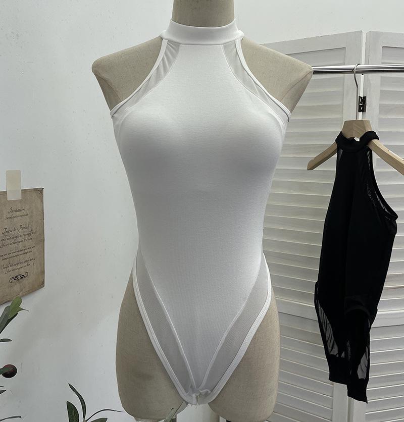 Sexy Stretchy Halter Bodysuit with Chest Pads and Sleeveless Camisole Design