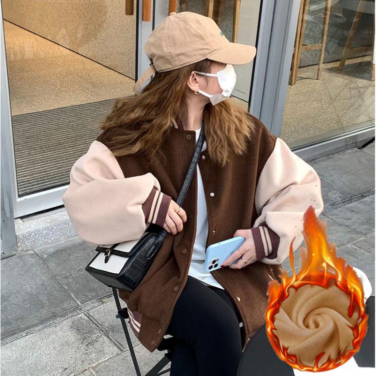 Women's Stand Collar Long Sleeve Bomber Jacket Loose Fit Urban Style Color Block Baseball Jacket Button Down Casual Outerwear Polyester Windproof Coat
