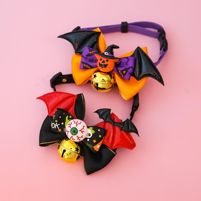 New Adjustable Bat Wings & Eyeball Bow Tie Pet Collar with Bell for Cats & Large Dogs, Scary and Funny Trick-or-Treat Halloween