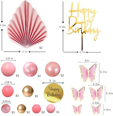 Topper de Bolo Feliz Aniversário Bolas Rosas Topper de Bolo Bolas Borboletas Decorações de Bolo para Chá de Bebê Casamento Festa de Aniversário