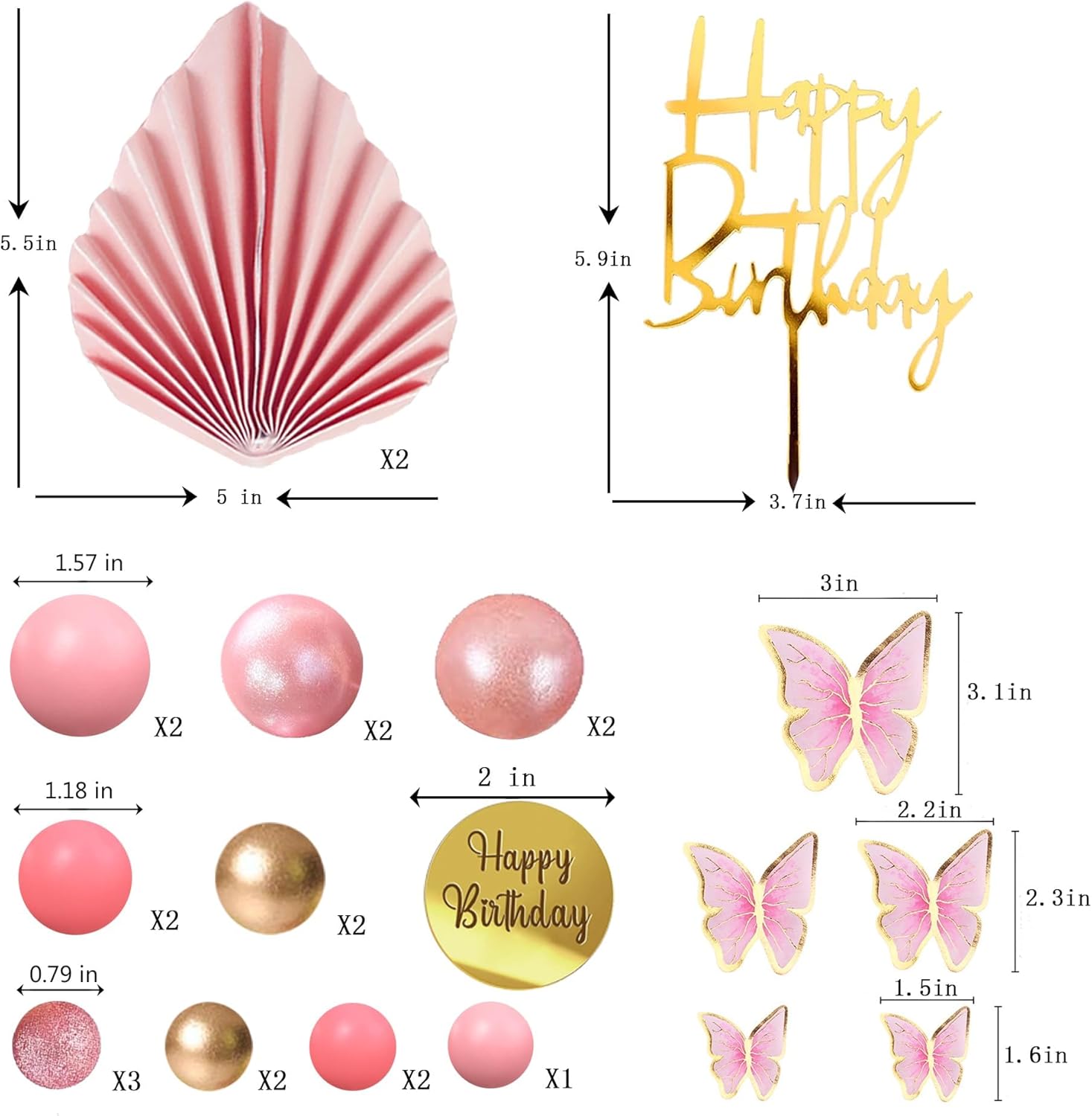 Happy Birthday Cake Topper Pink Balls Cake Topper Butterfly Balls Cake Decorations for Baby Shower Wedding Birthday Party