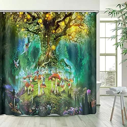 Rideau de douche Hibou Lunaire Forêt Enchantée Oiseau Fleur Papillon Fantaisie Fée Arbre Lanternes Ciel Nocturne Décoration Salle de Bain Ensembles