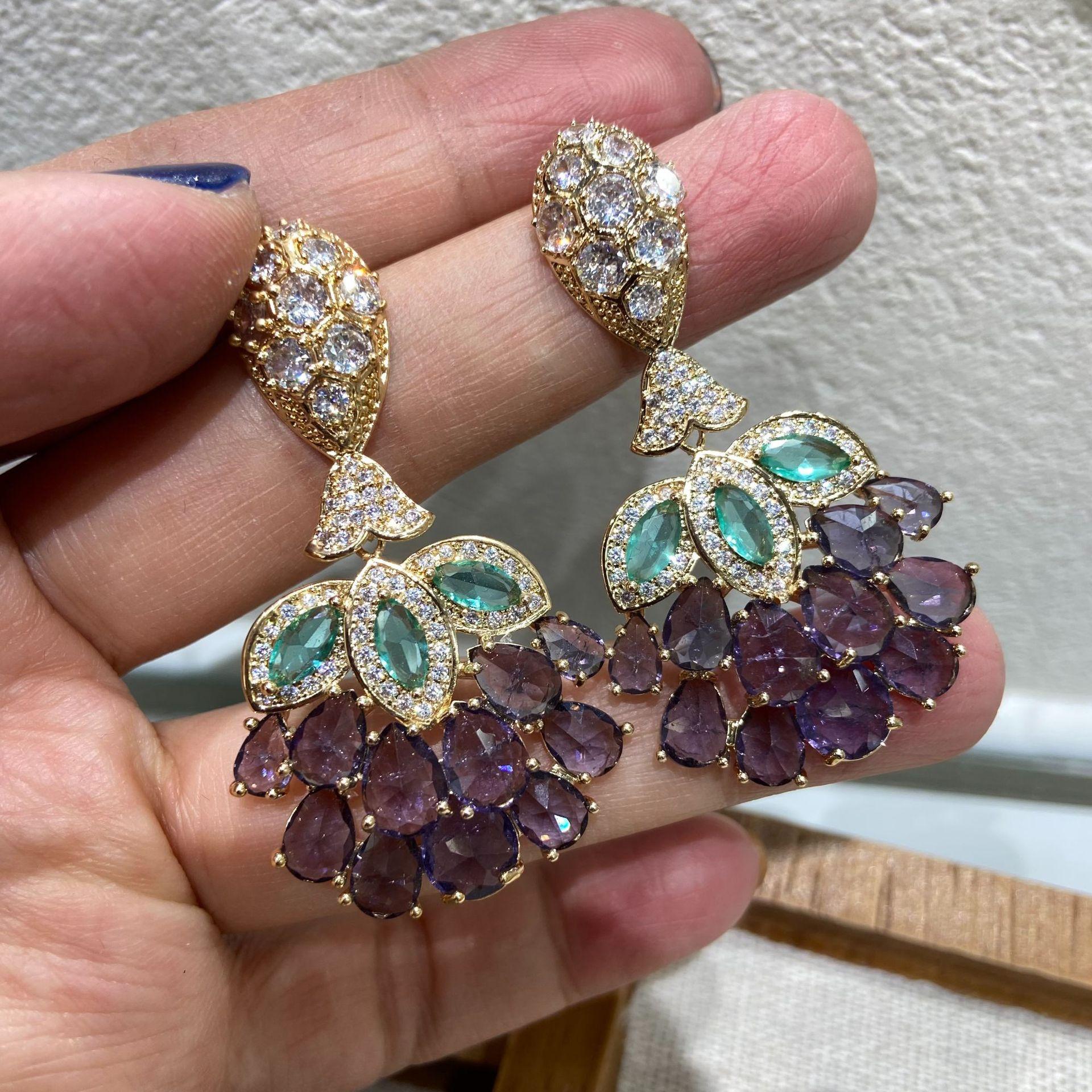 Green Leaf Grape Earrings Luxury Super Flash Water Drop Spike Earrings Exaggerated Fairy Atmosphere Crystal Flower Earrings