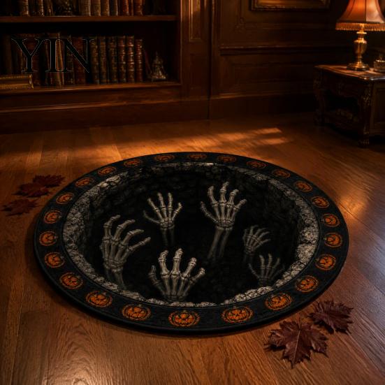 Soft Crystal Velvet Rug 3D Illusion Halloween Rug, Quilted Look Round Area Creepy Deep Pit Holiday Gift for Friends Design, Non-Slip Floor Mat Living