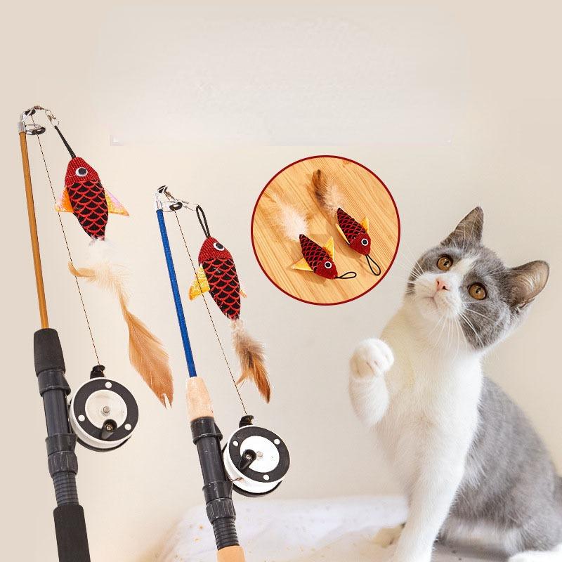 Retractable Cat Toy Fish Type Telescopic Feathers Funny Cat Stick Pet Toy Cat Rods Simulation Fishing Rod