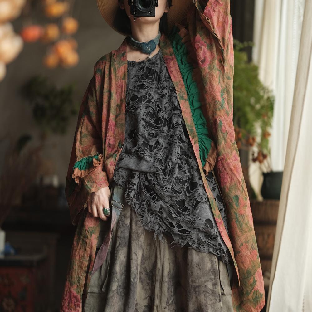 Johnature Camicie Vintage da Donna Stampa Floreale Top Primavera Stile Cinese Manica Lunga Patchwork Alta Qualità Camicie Lunghe