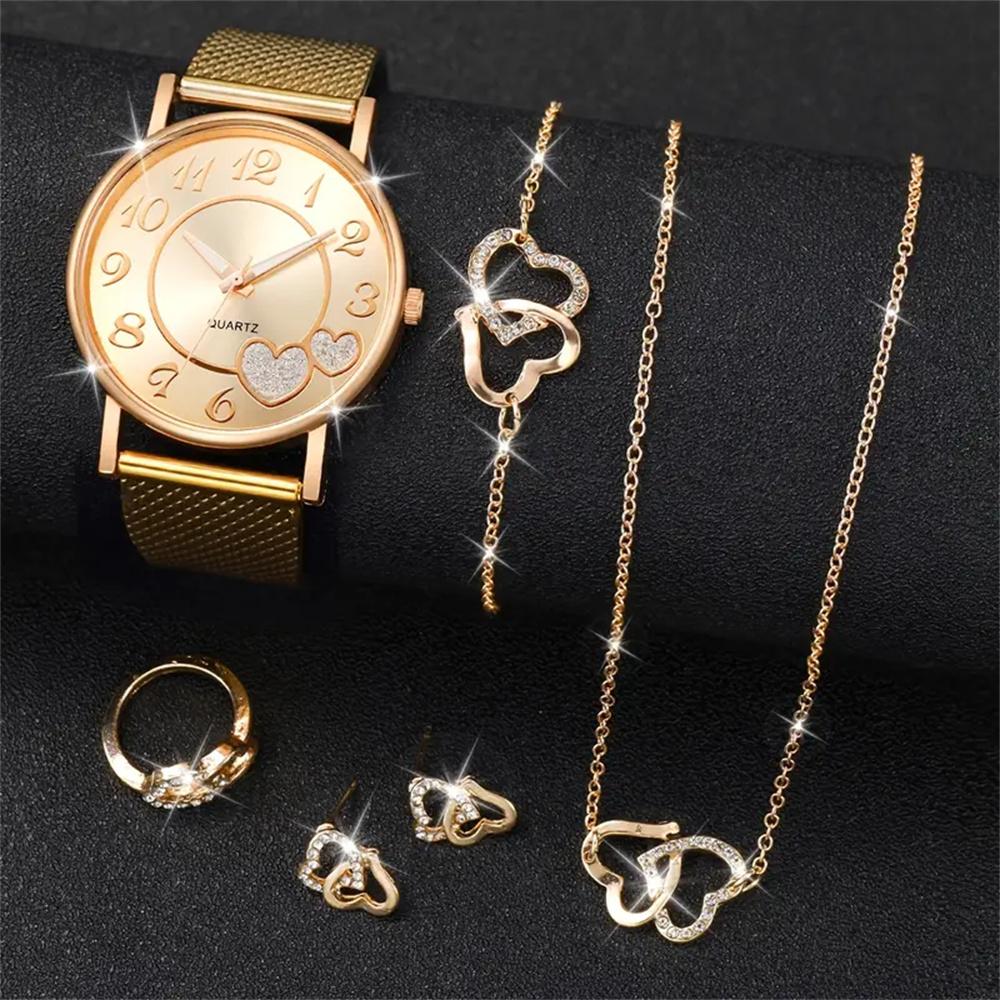 

6PCS/Set Fashion Heart Women s Watch Plastic Band Analog Golden Quartz Watches Butterfly Jewelry Set(Without Box)