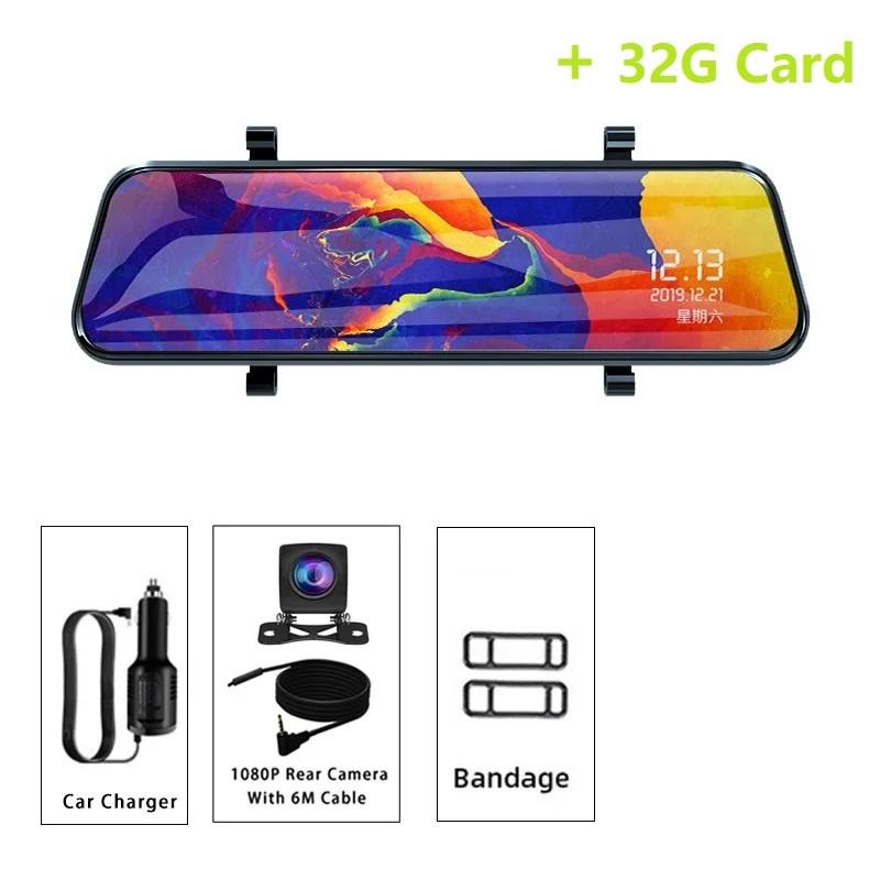 Pantalla Táctil de 10'' Coche Stream Media Dashcam DVR 1080P Lente Dual IPS Espejo Retrovisor Cámara de Salpicadero Visión Nocturna Grabadora de Vídeo