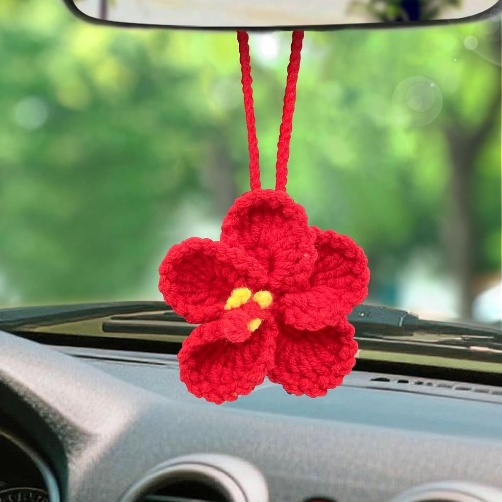Crochet Hibiscus Flower Car Hanging Accessories for Women,Handmade Hawaiian Tropical Flower Ornament,Cute Crochet Plant for Car Rearview Mirror
