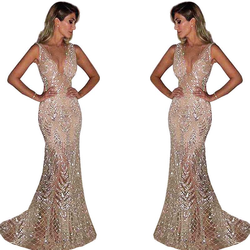 2025 Women's Long Sleeveless Evening Dress with Sexy Deep V and Sequins