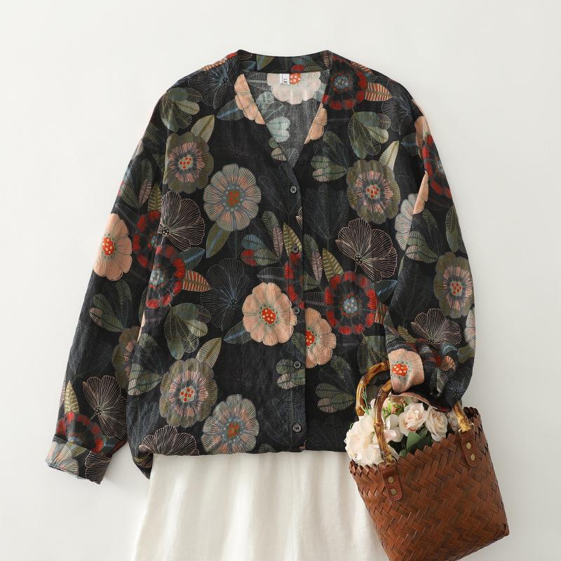 Autumn 2025 Artistic Retro Floral V-Neck Shirt: Cotton Linen, Age-Reducing, Plus Size, Casual