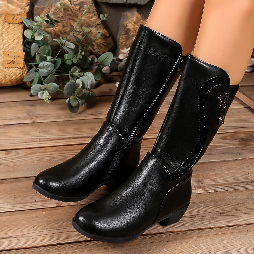 Medium boots new autumn and winter large size mother shoes cotton shoes middle heel side zipper thick heel fashion boots