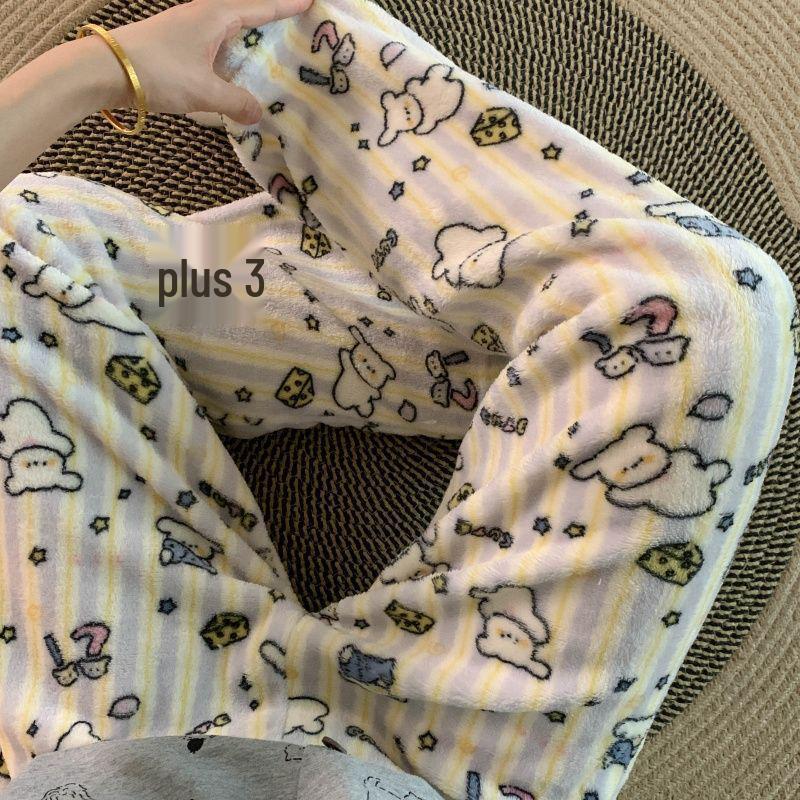 Korean Style Women's Fleece Pajama Pants - Flannel Cartoon Design for Autumn and Winter