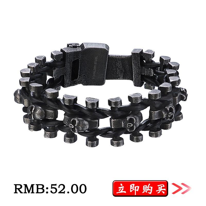 Stainless Steel Dragon Head Double Clasp Bracelet Men Hip Hop Style Braided Leather Band
