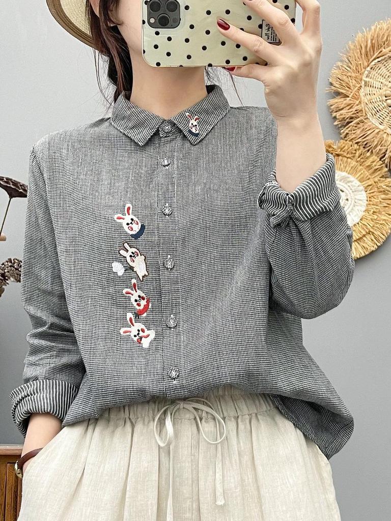 2026 Spring Korean Plaid Cartoon Embroidered Cotton Cardigan for Women