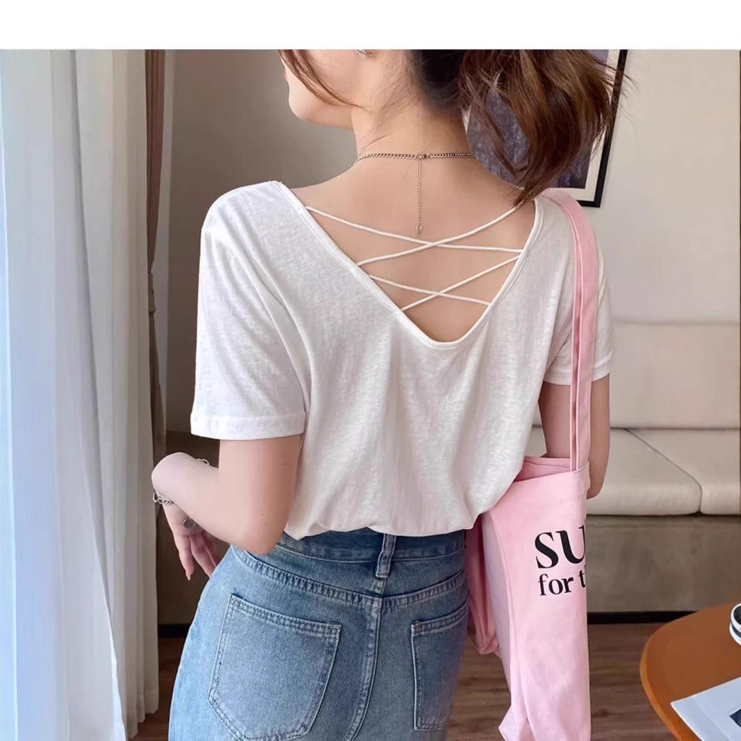 

Летняя женская футболка с открытой спиной 2025: Горячий, Сексуальный и Стильный Дизайн с Прямыми Плечами Large