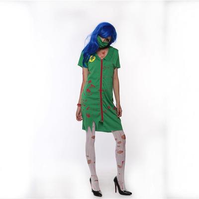 Halloween Costume Green Horror Bloodstained Female Nurse Uniform, Zombie Nurse Doctor Stage Performance Party Costume