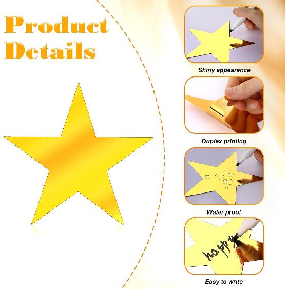 24 Pcs Gold Paper Stars Decoration, 5.9 Inch Golden Star Decor Double Sided Star Cutouts Glitter Printed Stars for Bulletin Poster Boards Wall Board