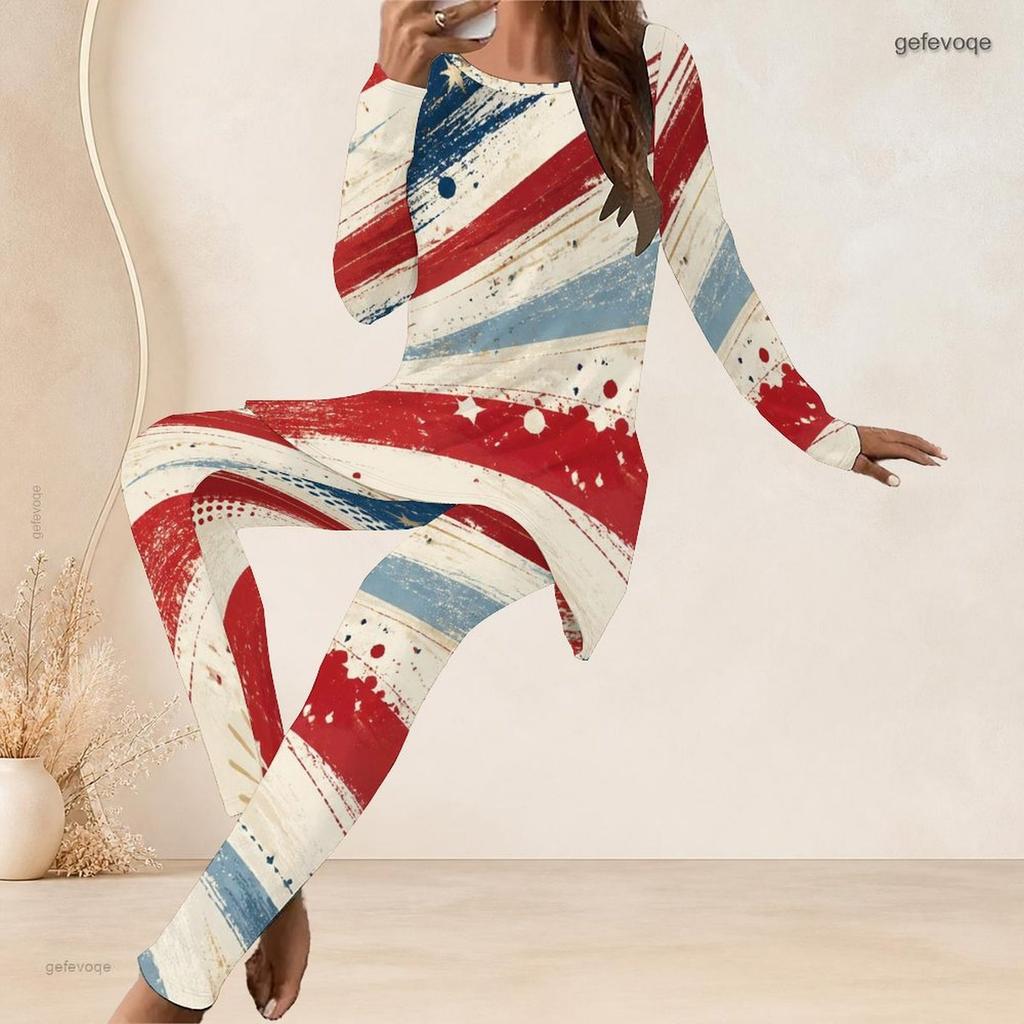 Women Plus Size Navy Blue Fireworks Printed Round Neck Long Sleeve Longline Top Fitted Pants Two Piece Set