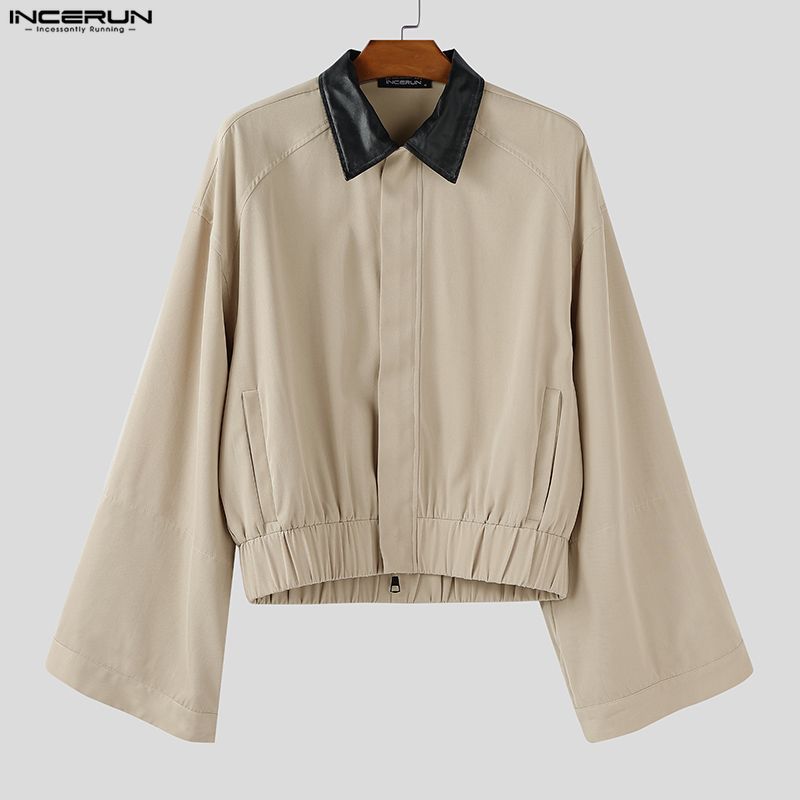 INCERUN S-5XL Men Stitching Collar Zipper Up Long Sleeve Loose Cargo Jackets Coats