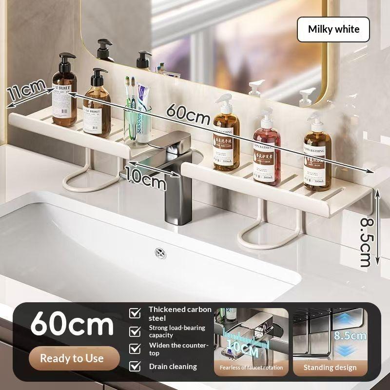 No Drill Carbon Steel Sink Organizer, Wall Mounted Faucet Shelf With Drainage, Bathroom Vanity Countertop Storage Rack For So