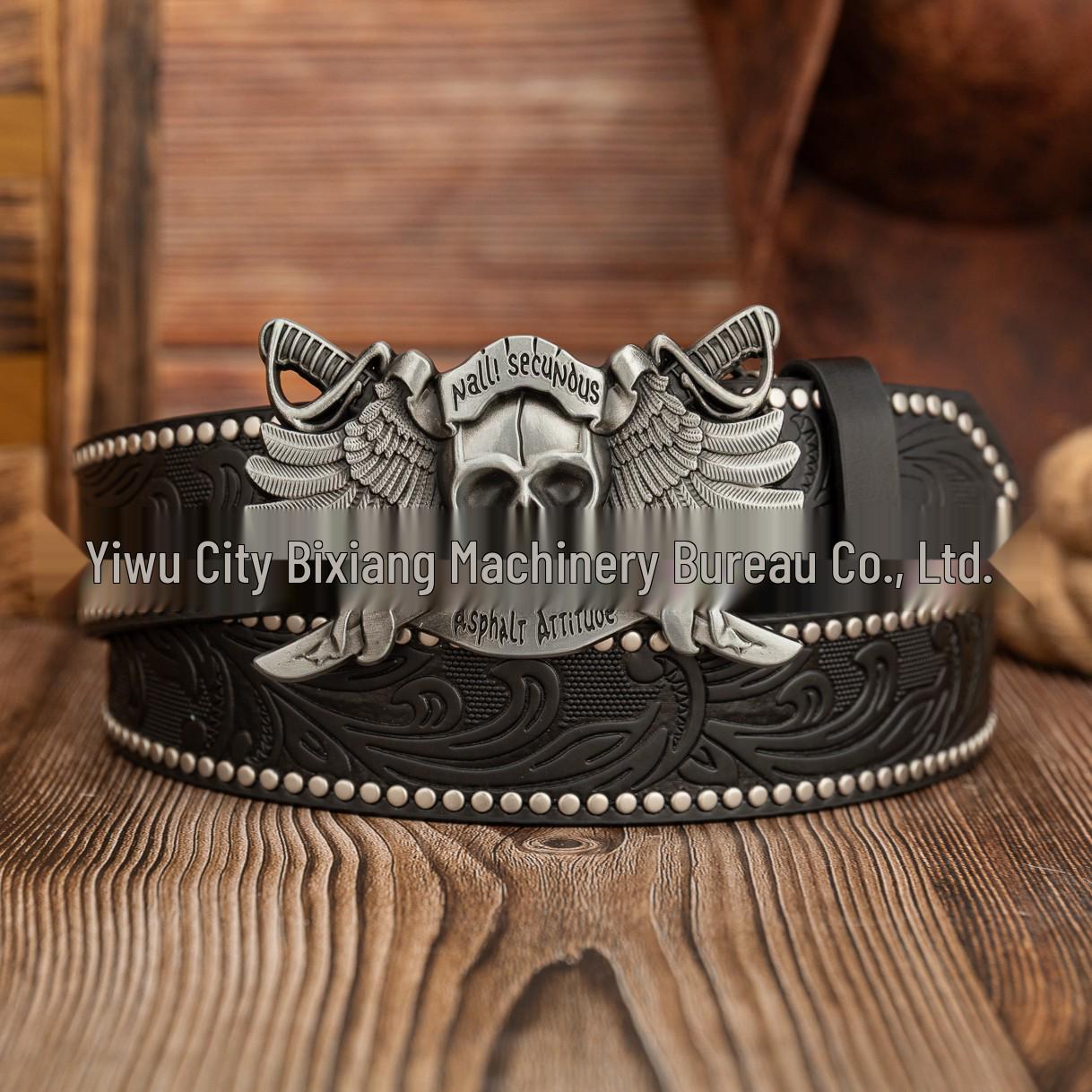 Western Punk Skull Belt with Double Sword & Winged Buckle - European, American Retro Style, PU Leather 120 cm чёрный