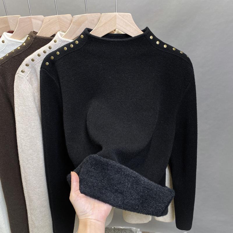 One-piece fleece semi-turtleneck sweater women's fleece thick bottoming shirt autumn and winter new rivet knitted sweater inner top
