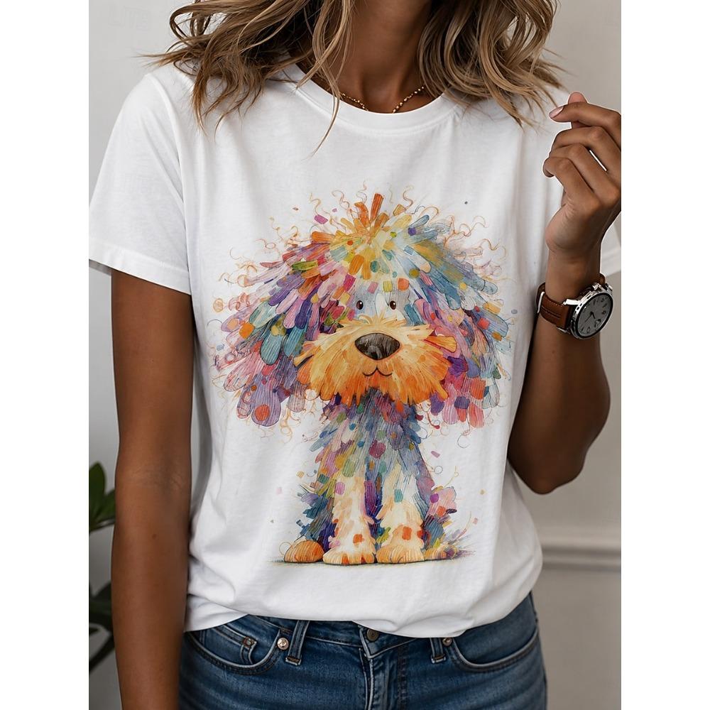 Women's T Shirt Print Graphic Animal Dog Stylish Classic Casual Short Sleeve Crew Neck Regular Tops Casual Daily Rainbow Summer Spring