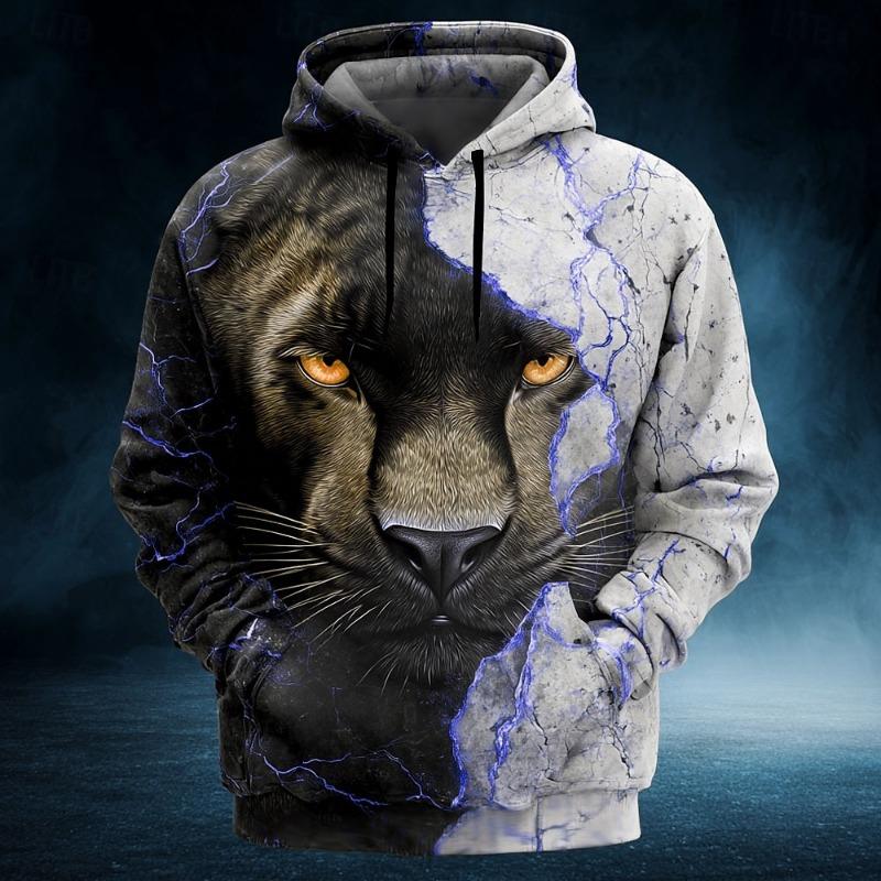 2025 Fall Winter Men's Animal Black Panther 3D Prints Hoodies Sweatshirt Long Sleeve Crew Neck Streetwear Drawstring Tops